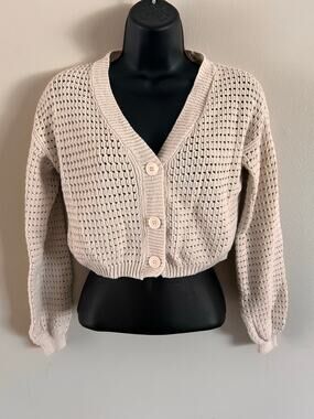 Freshman 1996 Cropped Open Knit Cardigan Sweater Beige XS Cotton Blend